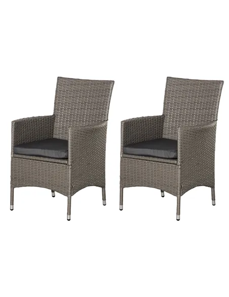 Outsunny 2 Pieces Outdoor PE Rattan Dining Chairs Set with Cushion, Garden Armchair with Armrests, High Backrest, Metal Frame Pa