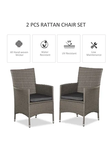 Outsunny 2 Pieces Outdoor PE Rattan Dining Chairs Set with Cushion, Garden Armchair with Armrests, High Backrest, Metal Frame Pa
