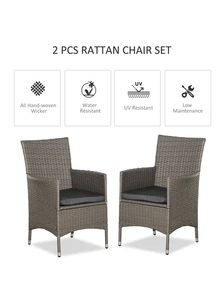 Outsunny 2 Pieces Outdoor PE Rattan Dining Chairs Set with Cushion, Garden Armchair with Armrests, High Backrest, Metal Frame Pa