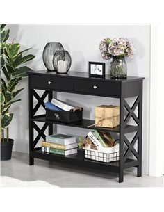 HOMCOM Console Table Side Desk w/ Shelves Drawers Open Top X Support Frame Living Room Hallway Home Office Furniture Black 2
