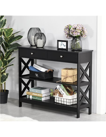 HOMCOM Console Table Side Desk w/ Shelves Drawers Open Top X Support Frame Living Room Hallway Home Office Furniture Black