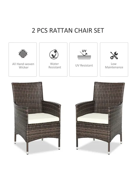 Outsunny 2 PC Outdoor Rattan Armchair Dining Chair Garden Patio Furniture w/ Armrests Cushions Mixed Brown