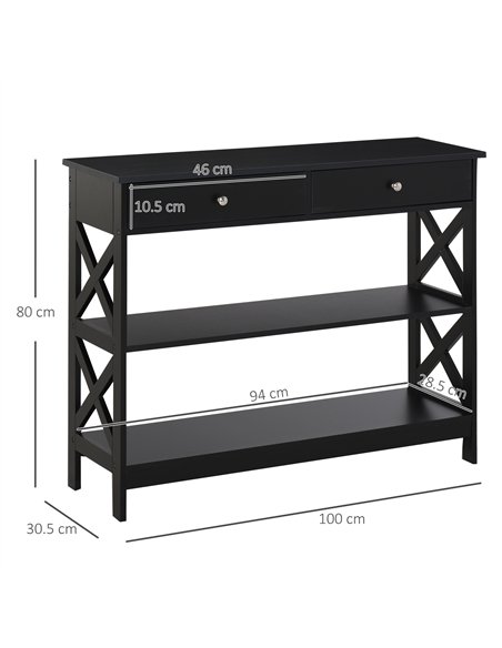 HOMCOM Console Table Side Desk w/ Shelves Drawers Open Top X Support Frame Living Room Hallway Home Office Furniture Black