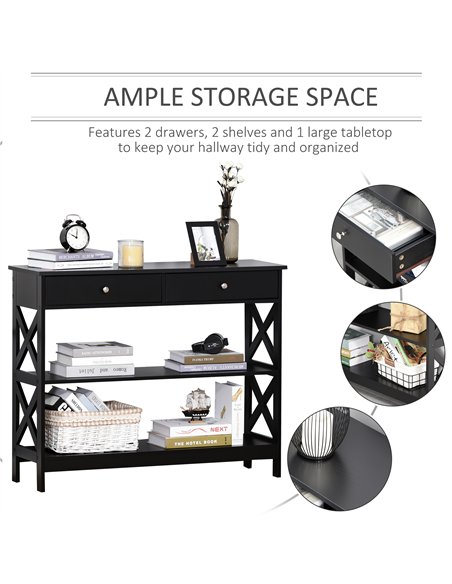 HOMCOM Console Table Side Desk w/ Shelves Drawers Open Top X Support Frame Living Room Hallway Home Office Furniture Black