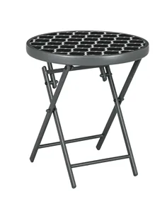 Outsunny Φ45cm Garden Side Table, Outdoor Round Folding Patio Table with Imitation Marble Glass Top, Small Coffee Table, Black a