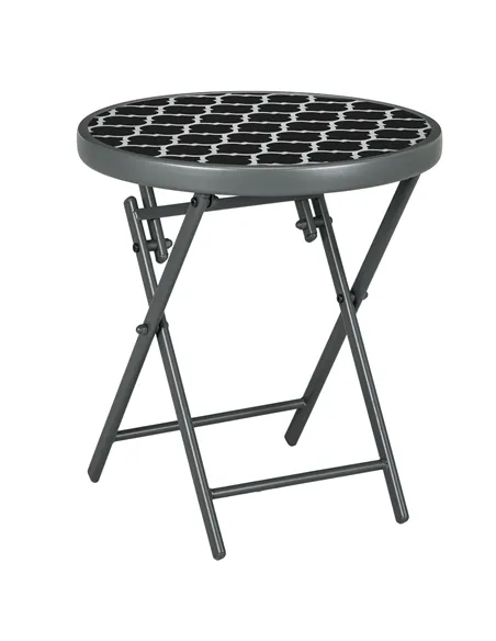 Outsunny Φ45cm Garden Side Table, Outdoor Round Folding Patio Table with Imitation Marble Glass Top, Small Coffee Table, Black a