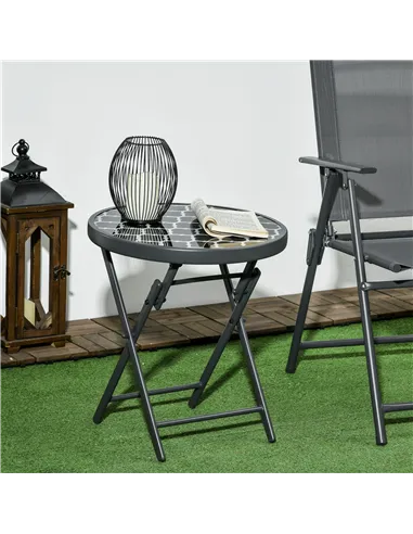 Outsunny Φ45cm Garden Side Table, Outdoor Round Folding Patio Table with Imitation Marble Glass Top, Small Coffee Table, Black a