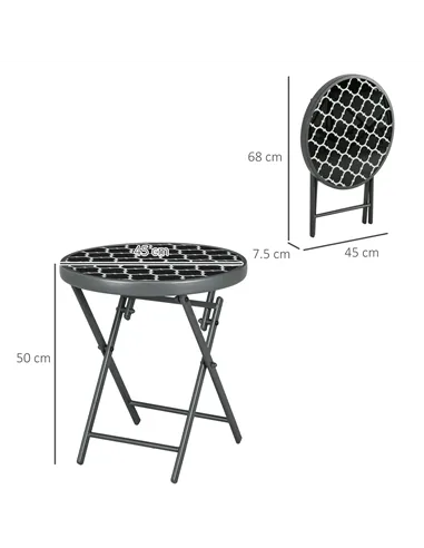 Outsunny Φ45cm Garden Side Table, Outdoor Round Folding Patio Table with Imitation Marble Glass Top, Small Coffee Table, Black a