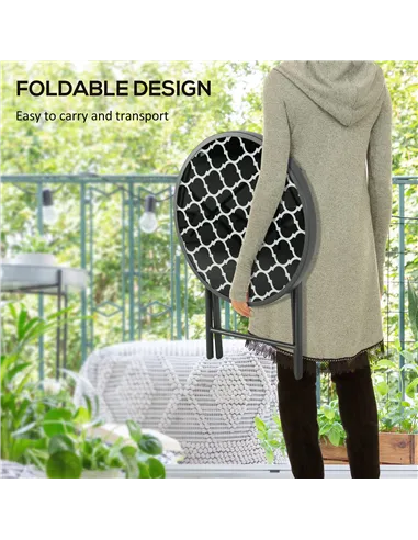 Outsunny Φ45cm Garden Side Table, Outdoor Round Folding Patio Table with Imitation Marble Glass Top, Small Coffee Table, Black a