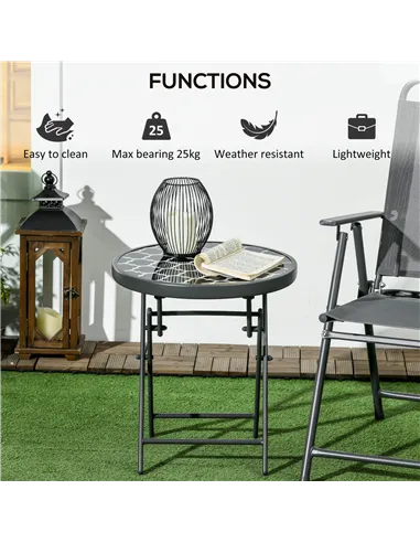 Outsunny Φ45cm Garden Side Table, Outdoor Round Folding Patio Table with Imitation Marble Glass Top, Small Coffee Table, Black a