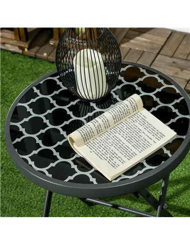 Outsunny Φ45cm Garden Side Table, Outdoor Round Folding Patio Table with Imitation Marble Glass Top, Small Coffee Table, Black a