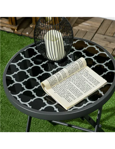 Outsunny Φ45cm Garden Side Table, Outdoor Round Folding Patio Table with Imitation Marble Glass Top, Small Coffee Table, Black a