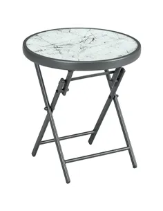 Outsunny Φ45cm Garden Side Table, Outdoor Round Folding Patio Table with Imitation Marble Glass Top, Small Coffee Table, White
