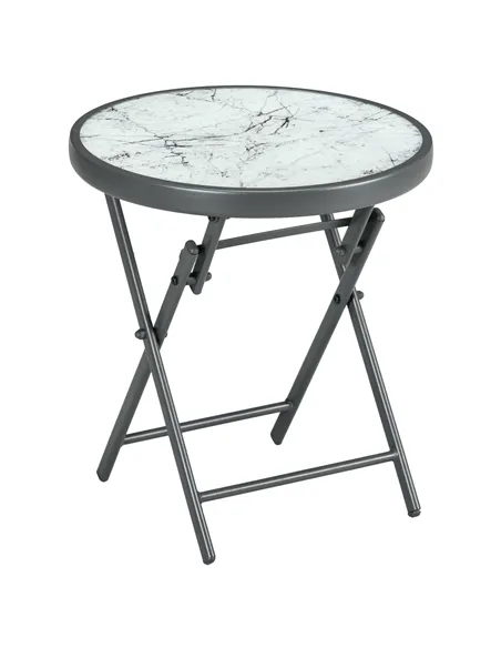 Outsunny Φ45cm Garden Side Table, Outdoor Round Folding Patio Table with Imitation Marble Glass Top, Small Coffee Table, White