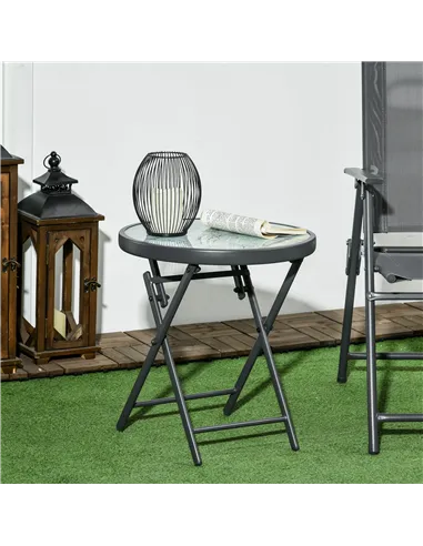 Outsunny Φ45cm Garden Side Table, Outdoor Round Folding Patio Table with Imitation Marble Glass Top, Small Coffee Table, White
