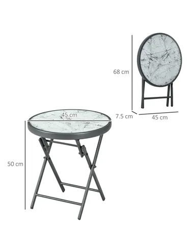Outsunny Φ45cm Garden Side Table, Outdoor Round Folding Patio Table with Imitation Marble Glass Top, Small Coffee Table, White