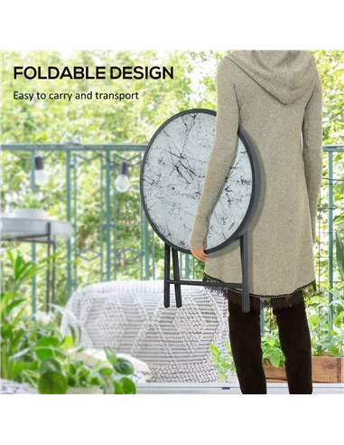 Outsunny Φ45cm Garden Side Table, Outdoor Round Folding Patio Table with Imitation Marble Glass Top, Small Coffee Table, White