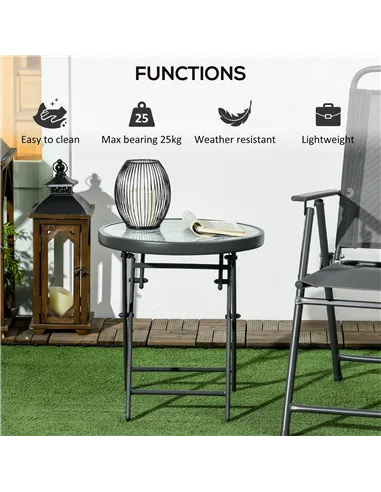 Outsunny Φ45cm Garden Side Table, Outdoor Round Folding Patio Table with Imitation Marble Glass Top, Small Coffee Table, White