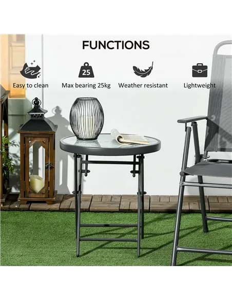 Outsunny Φ45cm Garden Side Table, Outdoor Round Folding Patio Table with Imitation Marble Glass Top, Small Coffee Table, White