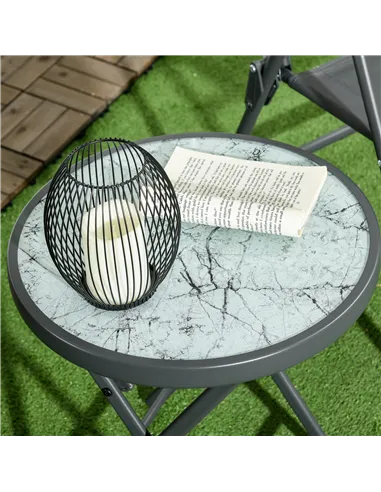 Outsunny Φ45cm Garden Side Table, Outdoor Round Folding Patio Table with Imitation Marble Glass Top, Small Coffee Table, White