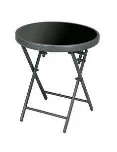 Outsunny Φ45cm Garden Side Table, Outdoor Round Folding Patio Table with Imitation Marble Glass Top, Small Coffee Table, Black