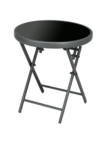 Outsunny Φ45cm Garden Side Table, Outdoor Round Folding Patio Table with Imitation Marble Glass Top, Small Coffee Table, Black