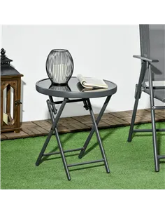 Outsunny Φ45cm Garden Side Table, Outdoor Round Folding Patio Table with Imitation Marble Glass Top, Small Coffee Table, Black 2