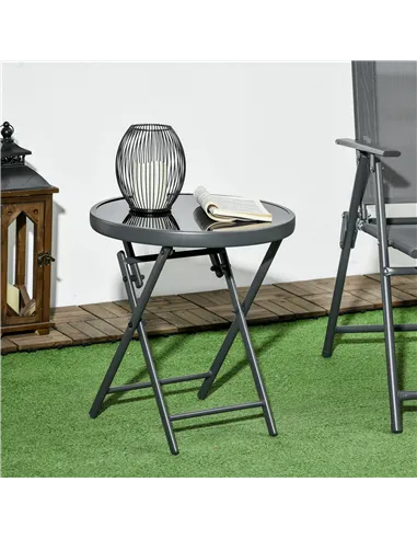 Outsunny Φ45cm Garden Side Table, Outdoor Round Folding Patio Table with Imitation Marble Glass Top, Small Coffee Table, Black