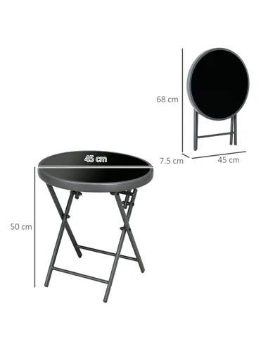 Outsunny Φ45cm Garden Side Table, Outdoor Round Folding Patio Table with Imitation Marble Glass Top, Small Coffee Table, Black
