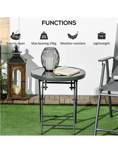 Outsunny Φ45cm Garden Side Table, Outdoor Round Folding Patio Table with Imitation Marble Glass Top, Small Coffee Table, Black