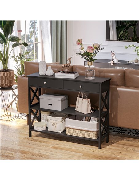 HOMCOM Console Table Side Desk w/ Shelves Drawers Open Top X Support Frame Living Room Hallway Home Office Furniture Black