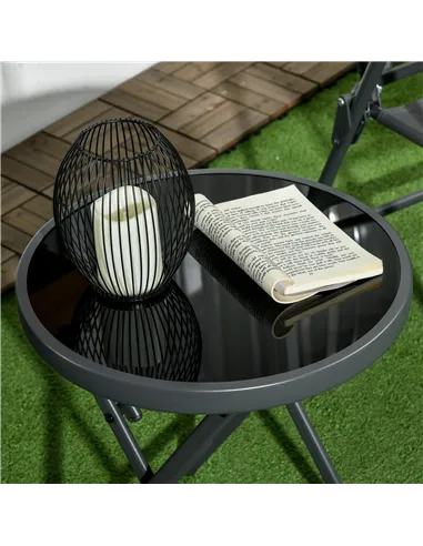 Outsunny Φ45cm Garden Side Table, Outdoor Round Folding Patio Table with Imitation Marble Glass Top, Small Coffee Table, Black