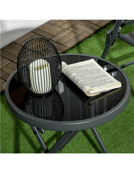 Outsunny Φ45cm Garden Side Table, Outdoor Round Folding Patio Table with Imitation Marble Glass Top, Small Coffee Table, Black