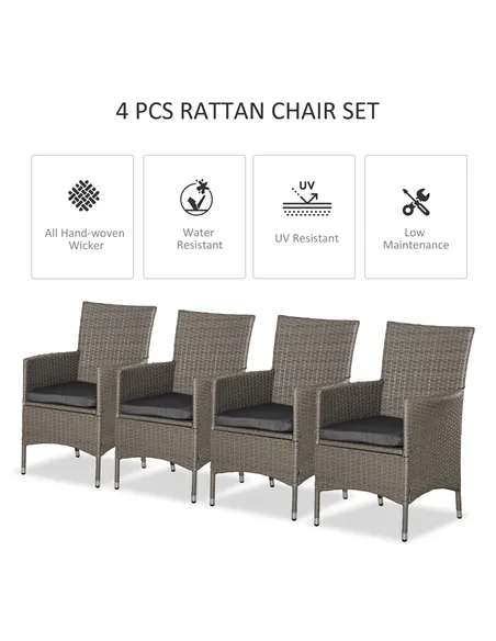Outsunny Set of Four Rattan Armchairs, with Cushions - Grey