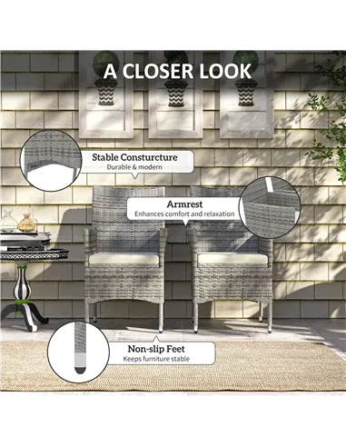 Outsunny 2 Pieces Rattan Garden Chairs Dining Chair Set with Cushion, Mixed Grey