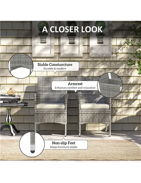 Outsunny 2 Pieces Rattan Garden Chairs Dining Chair Set with Cushion, Mixed Grey