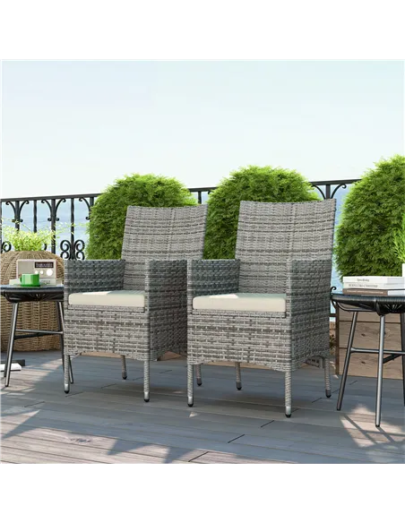 Outsunny 2 Pieces Rattan Garden Chairs Dining Chair Set with Cushion, Mixed Grey