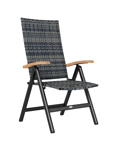 Outsunny Folding Rattan Garden Dining Chair with 5-level Reclining High Back, Wood Armrests for Outdoor, Patio - Mixed-grey