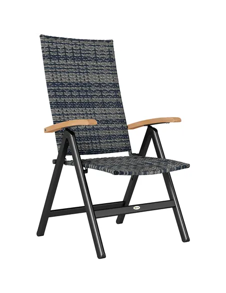 Outsunny Folding Rattan Garden Dining Chair with 5-level Reclining High Back, Wood Armrests for Outdoor, Patio - Mixed-grey