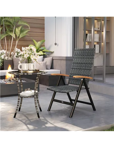 Outsunny Folding Rattan Garden Dining Chair with 5-level Reclining High Back, Wood Armrests for Outdoor, Patio - Mixed-grey