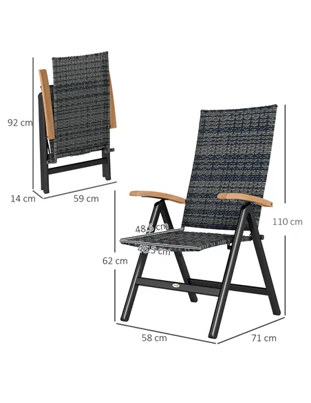 Outsunny Folding Rattan Garden Dining Chair with 5-level Reclining High Back, Wood Armrests for Outdoor, Patio - Mixed-grey