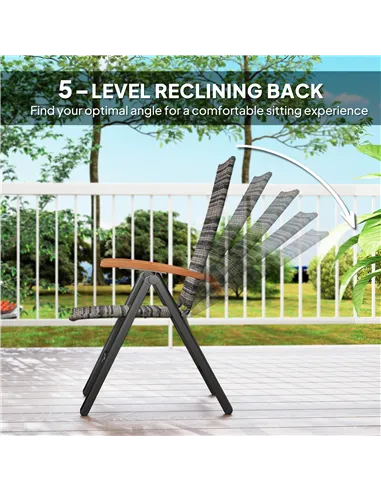 Outsunny Folding Rattan Garden Dining Chair with 5-level Reclining High Back, Wood Armrests for Outdoor, Patio - Mixed-grey
