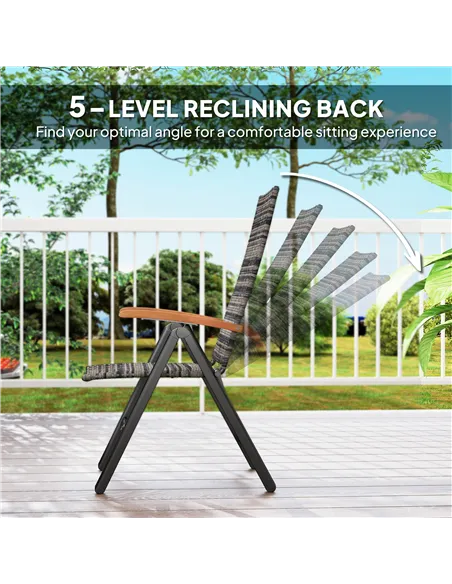Outsunny Folding Rattan Garden Dining Chair with 5-level Reclining High Back, Wood Armrests for Outdoor, Patio - Mixed-grey