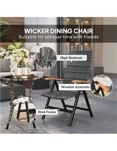 Outsunny Folding Rattan Garden Dining Chair with 5-level Reclining High Back, Wood Armrests for Outdoor, Patio - Mixed-grey