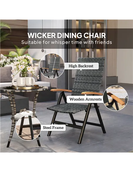 Outsunny Folding Rattan Garden Dining Chair with 5-level Reclining High Back, Wood Armrests for Outdoor, Patio - Mixed-grey