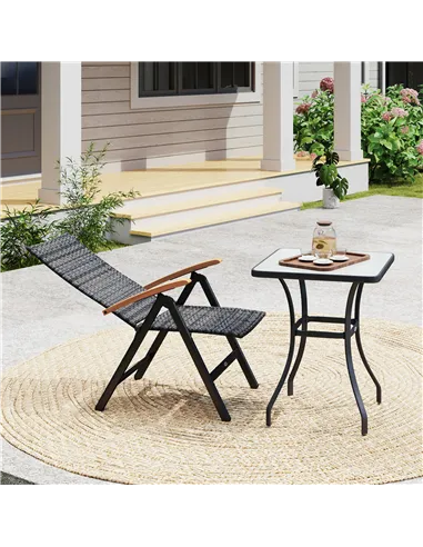 Outsunny Folding Rattan Garden Dining Chair with 5-level Reclining High Back, Wood Armrests for Outdoor, Patio - Mixed-grey