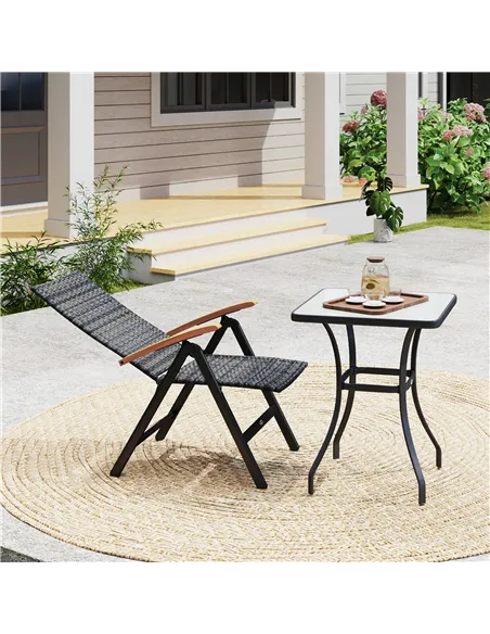 Outsunny Folding Rattan Garden Dining Chair with 5-level Reclining High Back, Wood Armrests for Outdoor, Patio - Mixed-grey