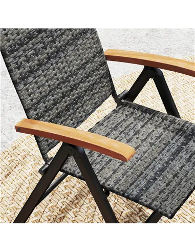 Outsunny Folding Rattan Garden Dining Chair with 5-level Reclining High Back, Wood Armrests for Outdoor, Patio - Mixed-grey