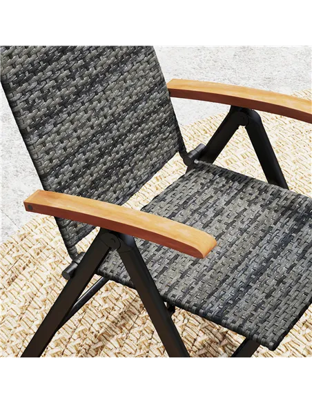 Outsunny Folding Rattan Garden Dining Chair with 5-level Reclining High Back, Wood Armrests for Outdoor, Patio - Mixed-grey