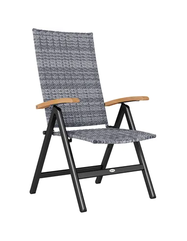 Outsunny Folding Rattan Garden Dining Chair with 5-level Reclining High Back, Wood Armrests for Outdoor, Patio - Light Grey